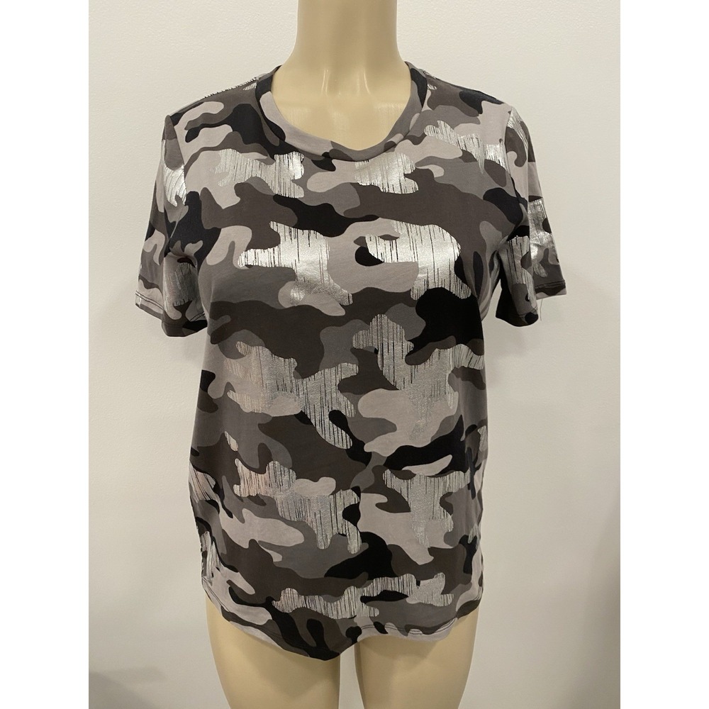 Michael Kors Womens T-Shirt P/S Black Silver Camo Foil Logo Tee Top Street Glam